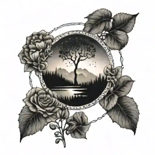 A dotwork tattoo of a needle and thread weaving through a beautiful nature landscape tattoo design idea