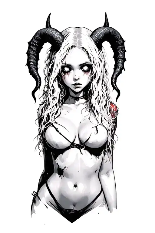 Sexy Pale Girl, Petite, Big Boobs, Wide Hips, G-string. Messy Hair, Demonic Horns, Sexual.... on hood, white eyes tattoo design idea