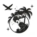 A palm tree silhouette on a globe, with a compass pointing towards Miami, symbolizing the traveler's love for exploring new places tattoo design idea