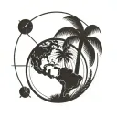 A palm tree silhouette on a globe, with a compass pointing towards Miami, symbolizing the traveler's love for exploring new places tattoo design idea