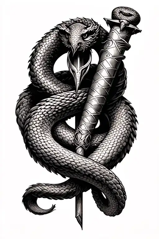 A sleeve. that is a staff with a bronze serpent coiled around it, representing healing and God’s power to save. tattoo design idea