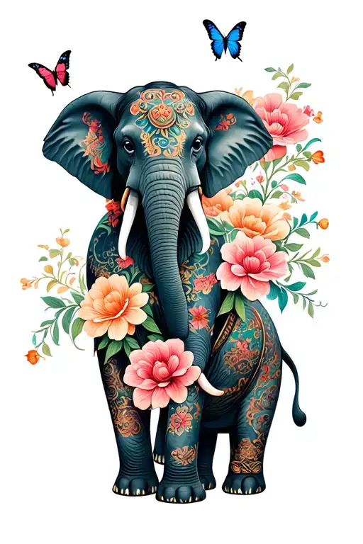 2 elephants , with flowers and butterflies  tattoo design idea