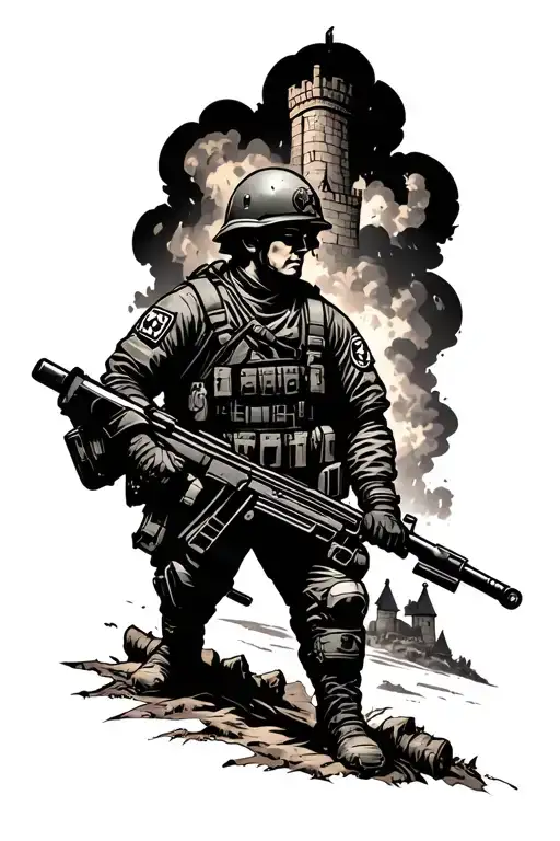 a military tattoo for combat engineers who blow things up and with a castle in the background tattoo design idea