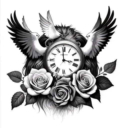 roses, doves, timepiece tied into lion tattoo design idea