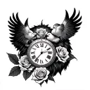 roses, doves, timepiece tied into lion tattoo design idea