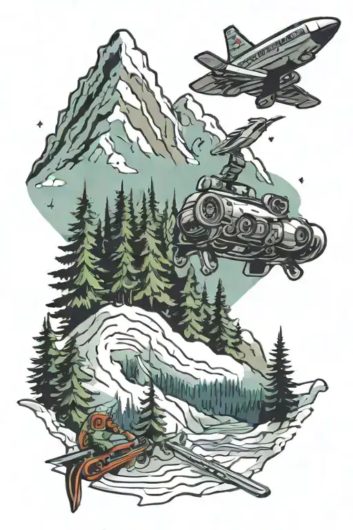 Ski, mountains, fir trees, video games, controllers, snow, spaceship tattoo design idea