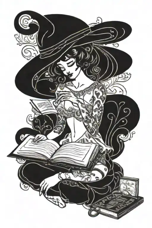 A vintage burlesque dancer reading a book surrounded by art supplies tattoo design idea