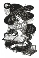 A vintage burlesque dancer reading a book surrounded by art supplies tattoo design idea