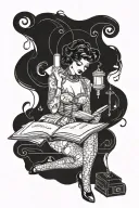 A vintage burlesque dancer reading a book surrounded by art supplies tattoo design idea