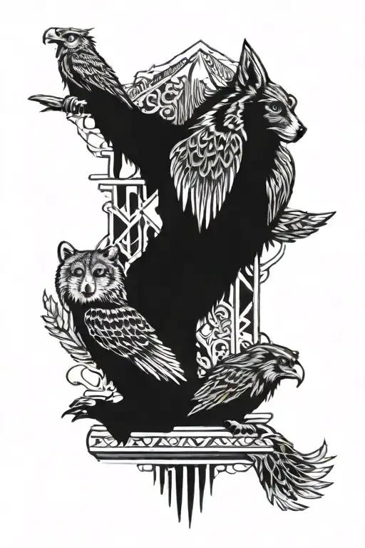 Totem pole with bear, wolf, eagle, and owl perched tattoo design idea