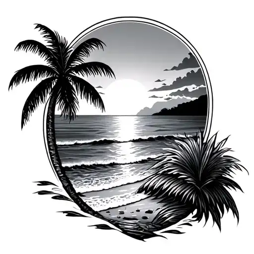 Black and Grey "Traditional Sunset Beach" Tattoo - BlackInk AI