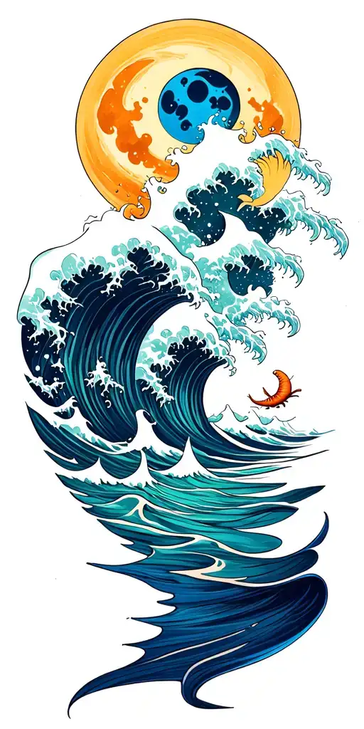Stary sky with moon over deep ocean with big waves bright blue colors ocean creatures under the water. tattoo design idea