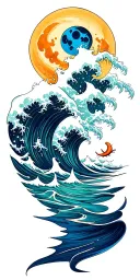 Stary sky with moon over deep ocean with big waves bright blue colors ocean creatures under the water. tattoo design idea