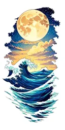 Stary sky with moon over deep ocean with big waves bright blue colors ocean creatures under the water. tattoo design idea