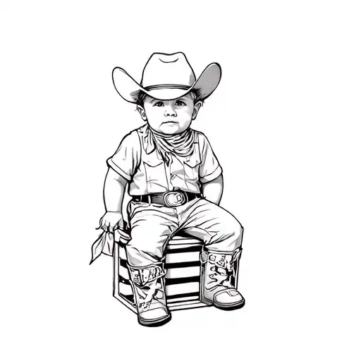 Toddler dressed as a cowboy with chaps, cowboy hat and neckerchief sat on a milk crate. tattoo design idea