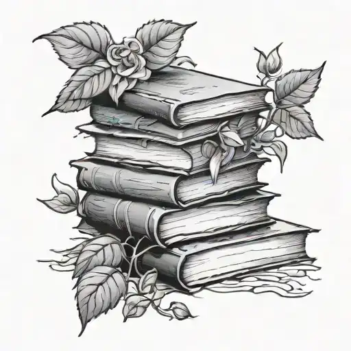stack of books roses and fantasy landscape tattoo design idea