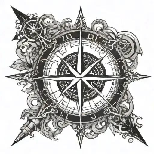 An intricate compass rose design surrounded by nautical elements like anchors and ropes, in blackwork style tattoo design idea