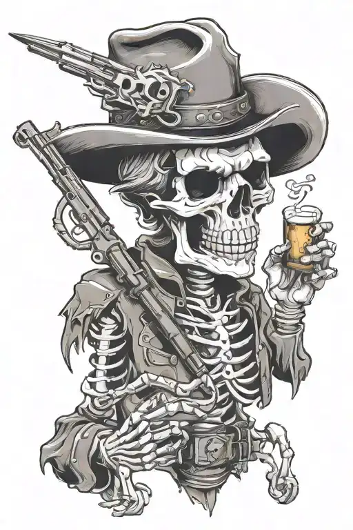 whiskey cowboy gun skeleton tattoo design idea