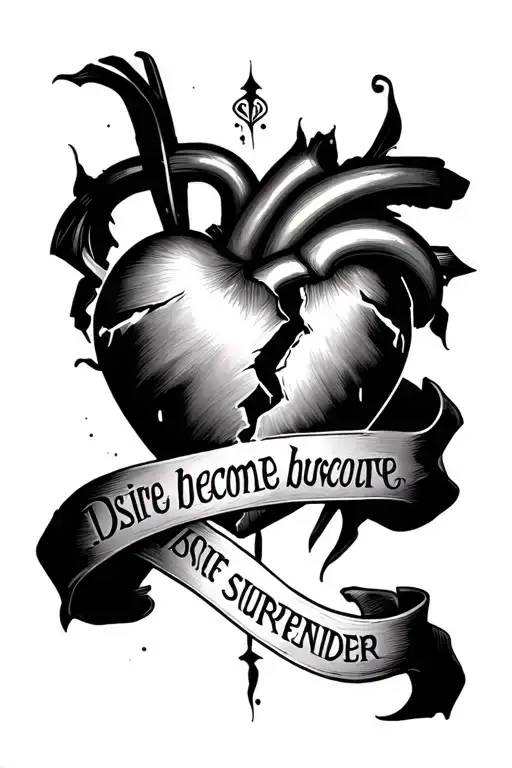 "Desire become surrender " broken heart being put back together tattoo design idea