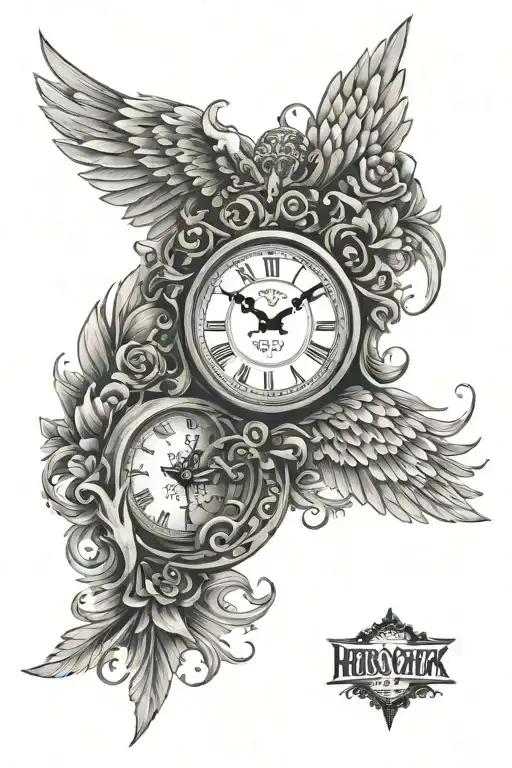 clock wing memorial tattoo design idea