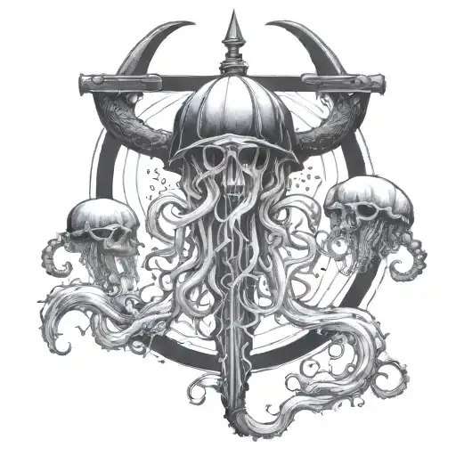 jellyfish with long tentacles wrapped around a longsword stuck in the ground underwater tattoo design idea