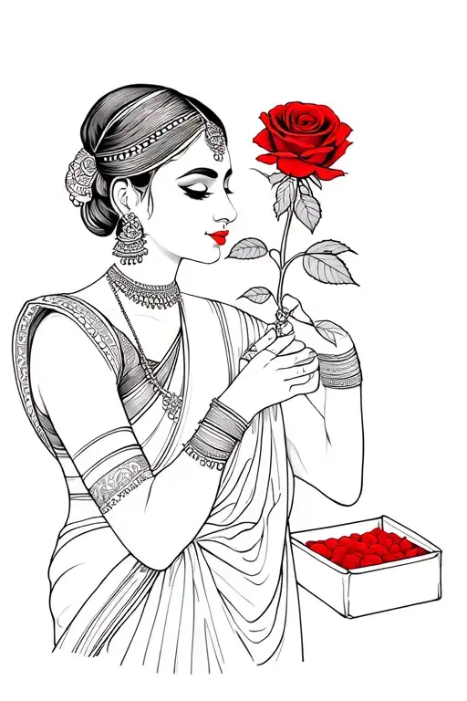 Indian lady wearing traditional saree and jewellery smelling a rose encased in a box. fine line red and black. tattoo design idea