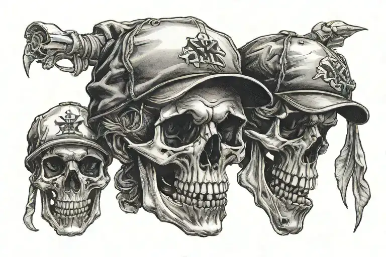 Three skulls with a baseball hat tattoo design idea