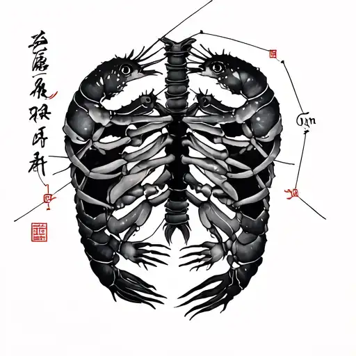 chinese brush painting of two shrimps superimposed on the shape of a gemini constellation on a man's ribcage. tattoo design idea