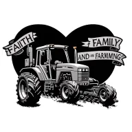 minnianapalis maline tractor plowing, with a eord banner thst has 'Faith, Family, and Farming' in it. a windwill in back tattoo design idea