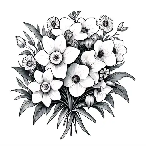 daffodils, violets, primroses, and narcissus flower bouquet tattoo design idea