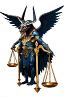 Epic winged demon Anubis, detailed scene, pririmed, scales of justice, eye of horus,  tattoo design idea