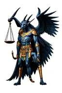Epic winged demon Anubis, detailed scene, pririmed, scales of justice, eye of horus,  tattoo design idea