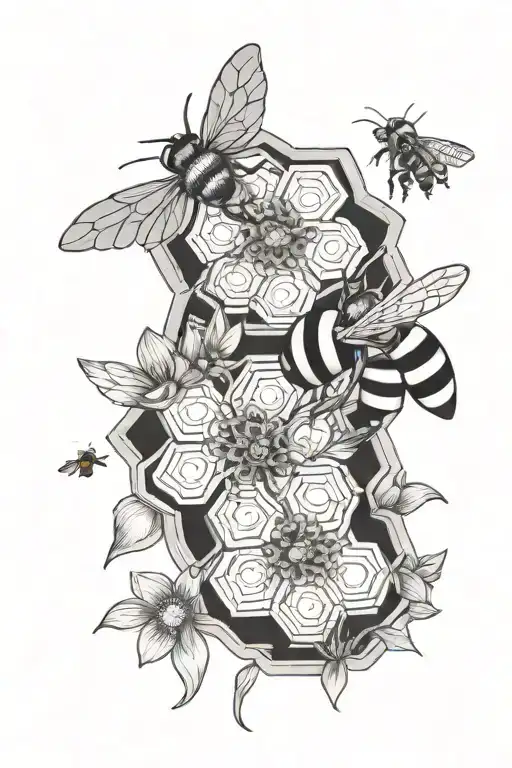 honeycomb and bee and flowers intertwined tattoo design idea