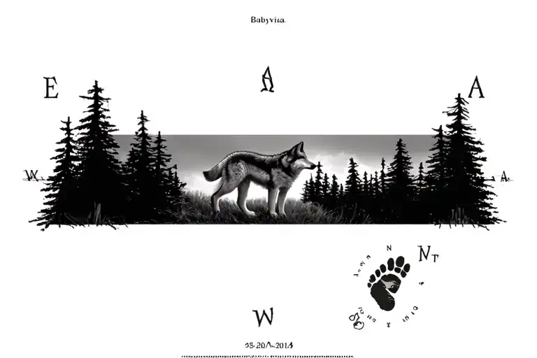 Wolf protecting his cub, map of Bolivia, thorns, baby footprint, pine trees, compass data 05-25-2014 07:06am - 54cm tattoo design idea
