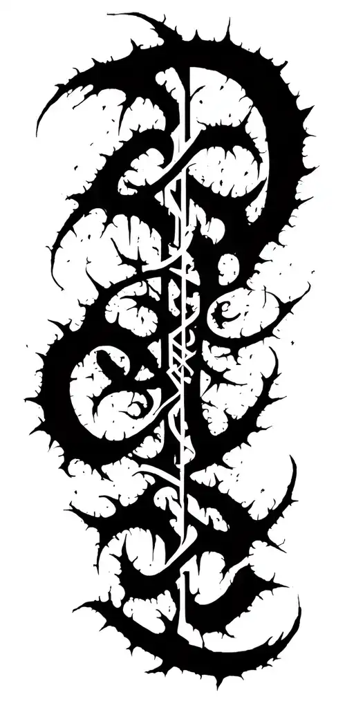 Raw Blackwork Chaotic Bold Strokes Flow Brutalist Dark Abstract Lettering Thorns tattoo design idea