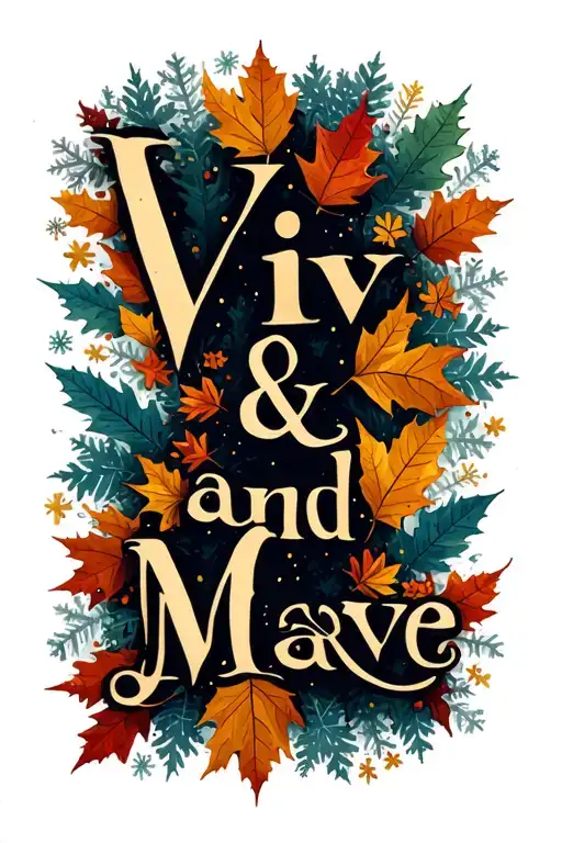 The words Viv and Maeve in large, thick lettering, surrounded by autumn leaves and snowflakes tattoo design idea