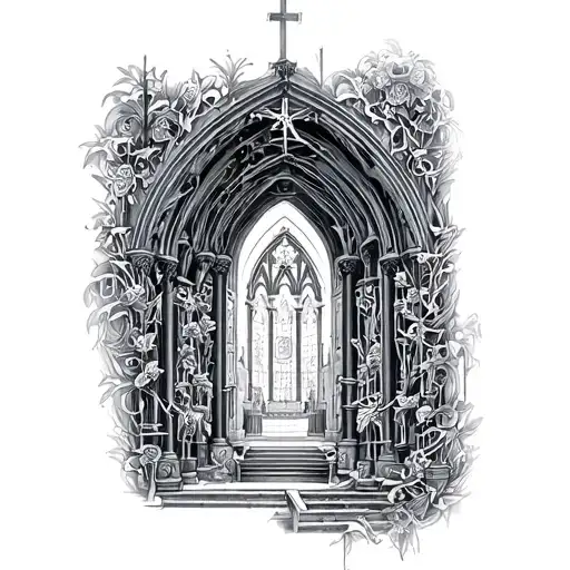 inside of catholic church tattoo design idea