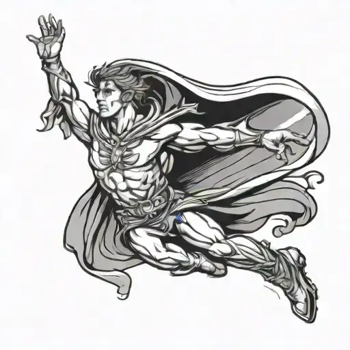 Figure Design:A heroic figure soaring upward, one arm stretched high as if reaching for the sky or holding a glowing ob tattoo design idea