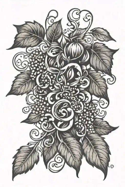 Fruit of the Spirit Vine showing, Love, Joy, Peace, Patience, Goodness, Faithfulness, Gentleness & Self Control tattoo design idea