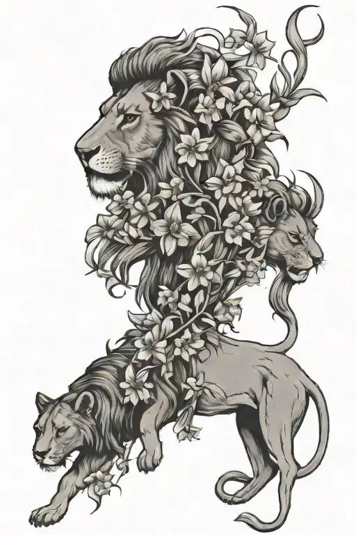 lion daffodils larkspur flowers intertwined tattoo design idea