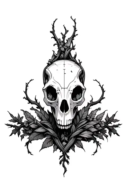 animal skull adorned in gothic nature motifs and vines  tattoo design idea