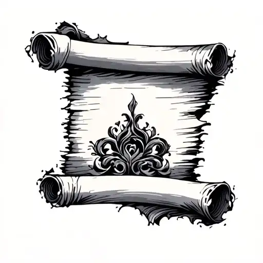 A realistic black and grey tattoo design of an old, tattered scroll with textured edges. On the scroll, elegant handwri tattoo design idea