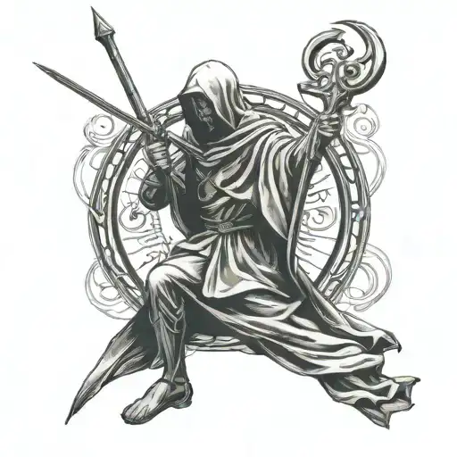 hooded saint Christopher faceless full body with trident  tattoo design idea