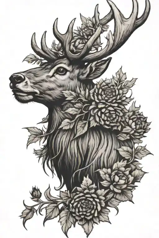 stag with thistle flowers in horns tattoo design idea