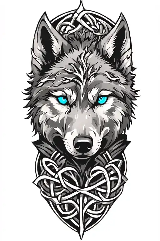 wolf with blue eyes on armor tattoo design featuring Celtic trinity knot and tree tattoo design idea