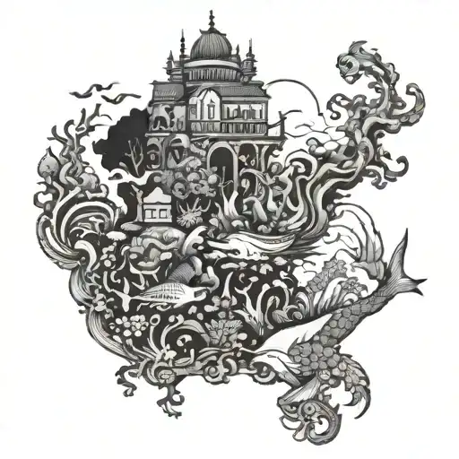 An ocean scene featuring underwater creatures and gaming motifs tattoo design idea