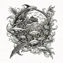 An ocean scene featuring underwater creatures and gaming motifs tattoo design idea