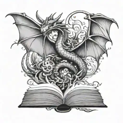dragons flying out of a book open in front tattoo design idea