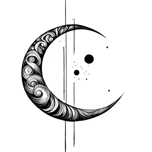 Crescent with a dot inside, vertical line above with a diagonal slash, spiral to the side tattoo design idea