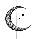 Crescent with a dot inside, vertical line above with a diagonal slash, spiral to the side tattoo design idea